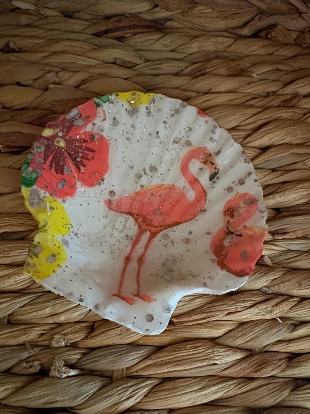 Pink Flamingo Shell Trinket Dish Decorative Accent